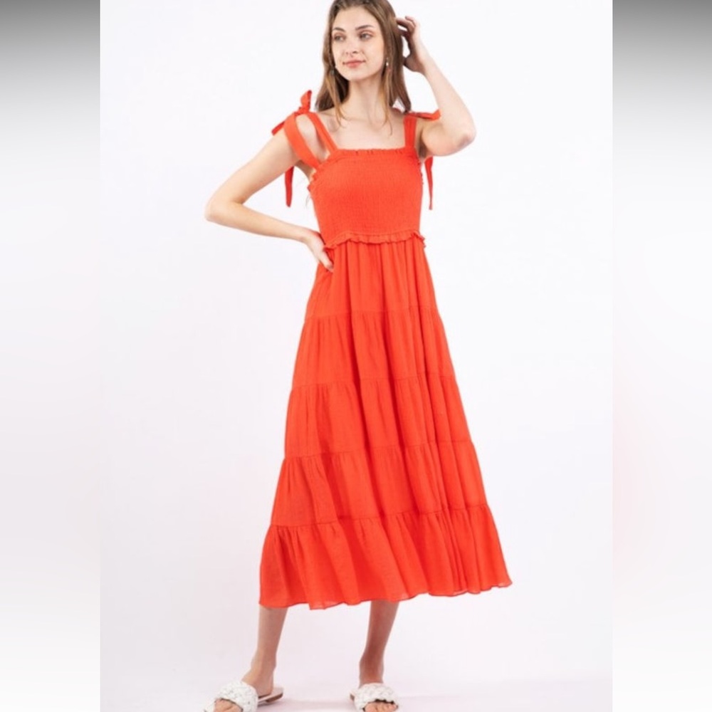 Coral Smocked Midi Dress